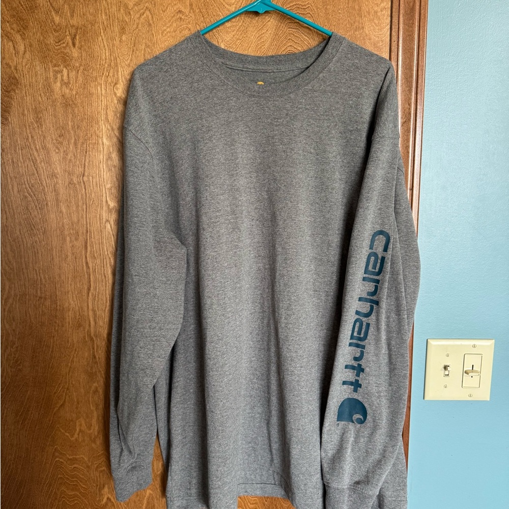 Carhartt Men's Long-Sleeve Crewneck Shirt in Heather Gray with Sleeve Logo
